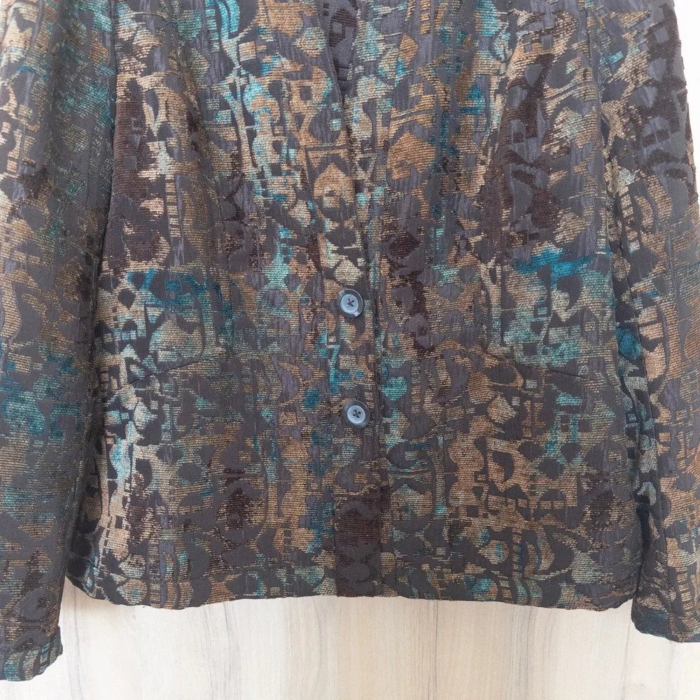 VTG Coldwater Creek Womens Blazer Jacket L‎ Brown Abstract Tapestry Art To Wear